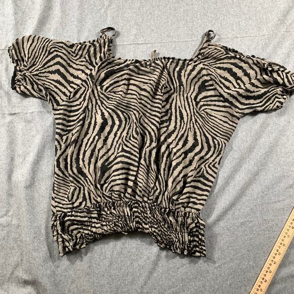 LIBIAN Zebra Stripe Tops Blouse Women Small Short Sleeve Brown Shirt - Picture 1 of 6